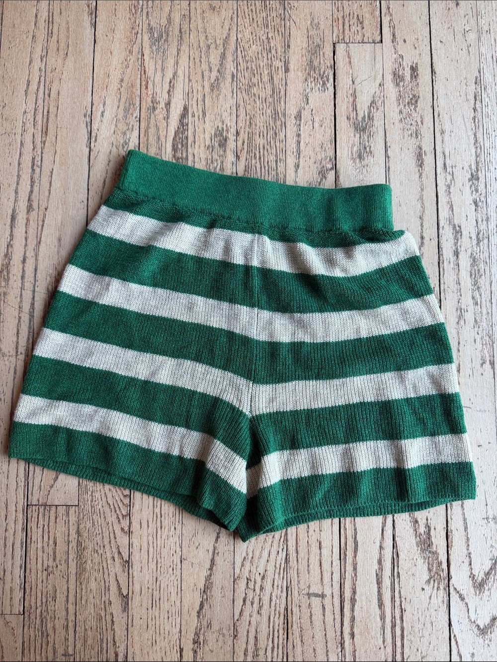 People Beach Striped Knit Shorts. Cream and green striped, cotton blend knit.
